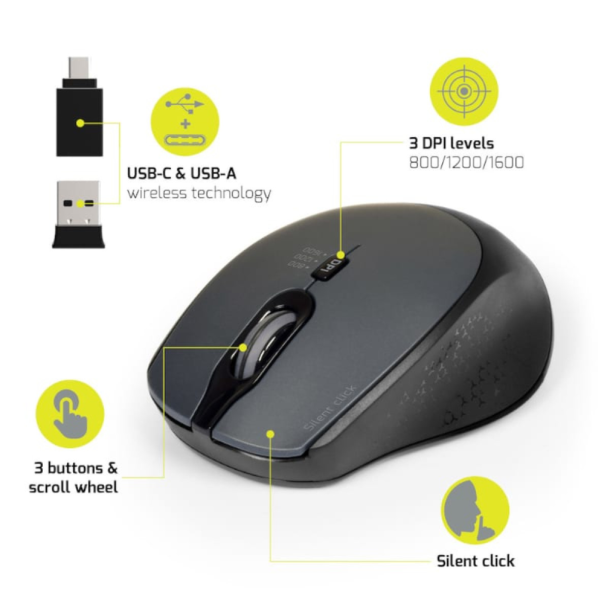 Port Connect Silent 1600DPI 3 Button Wireless Mouse - Black - Image 2