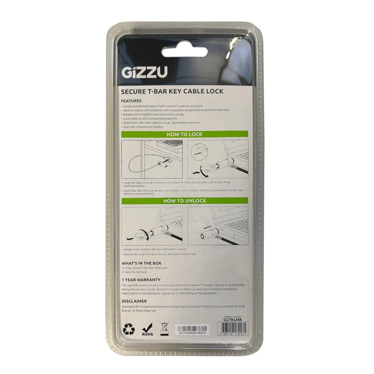 GIZZU 1.8m T-Bar Laptop Cable Lock Master Key Compatible - Image 2