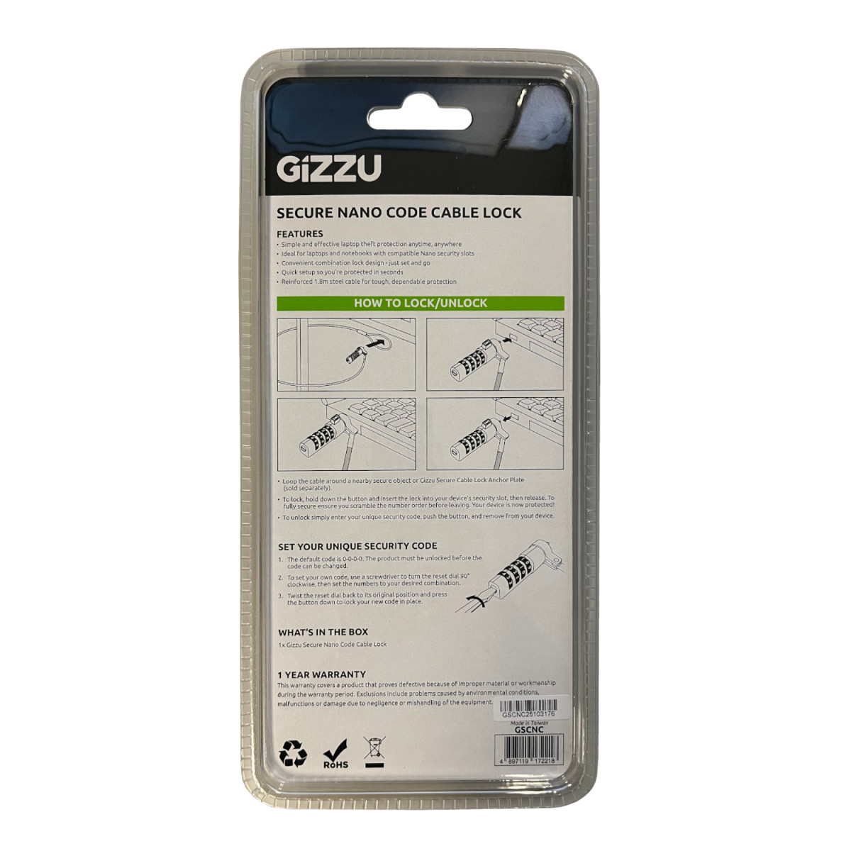 GIZZU 1.8m Nano Combination Lock Security Cable - Image 2