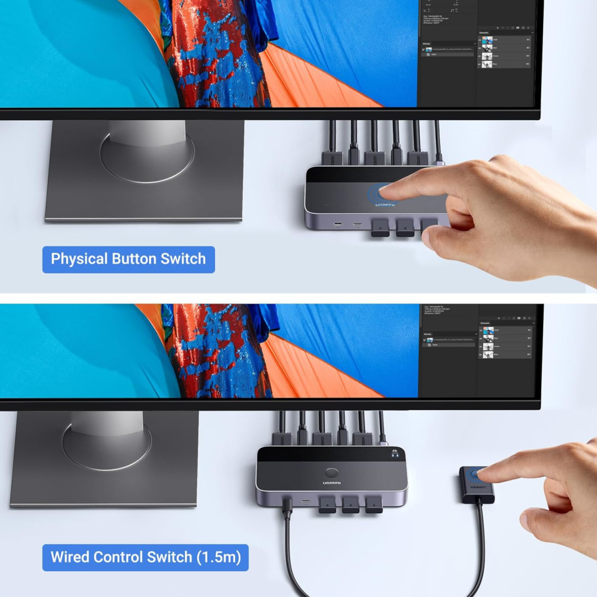UGREEN 4K@60Hz HDMI KVM Switch (2 In 1 Out)-Grey - Image 2