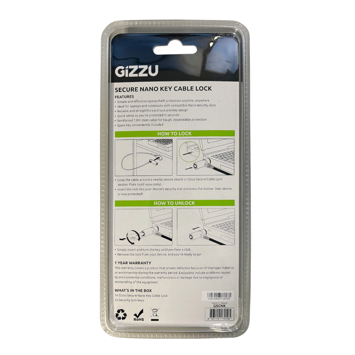 GIZZU 1.8m Nano Key Lock Security Cable with Key - Image 2