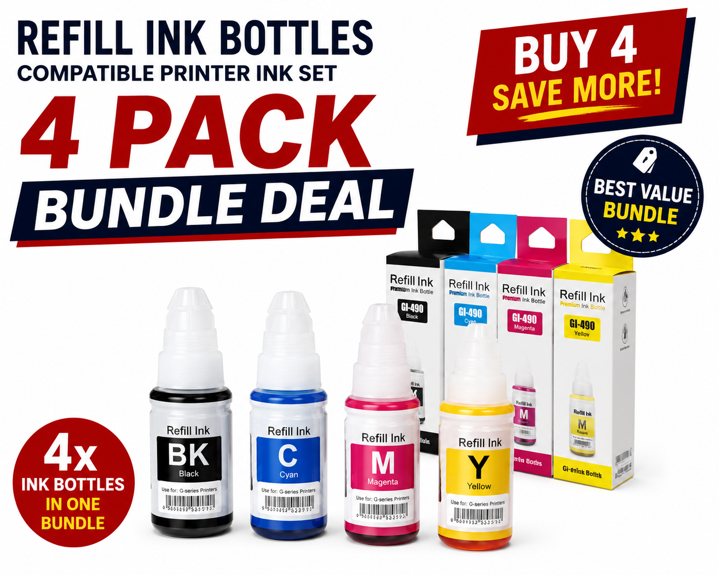 4x GI-490 Black Cyan Magenta Yellow Compatible Ink Bundle