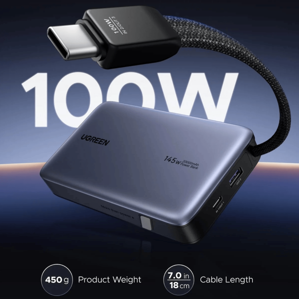 UGREEN Nexode 145W 20000mAh Power Bank with built-in USB Type-C Cable - Image 2